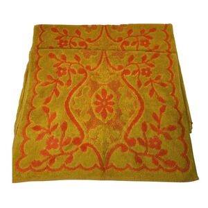 Vintage Texcraft Hand Towels Set of 2 Orange Yellow Floral Damask 70s Brazil